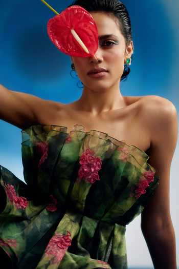 Shop_Shriya Som_Green Organza Bandeau Neck Printed Cabbage Top _Online_at_Aza_Fashions