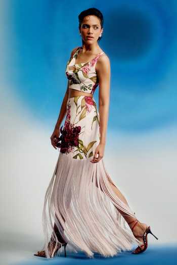 Shriya Som_Cream Crepe One Shoulder, Cowl Neck Printed Crop Top _Online_at_Aza_Fashions