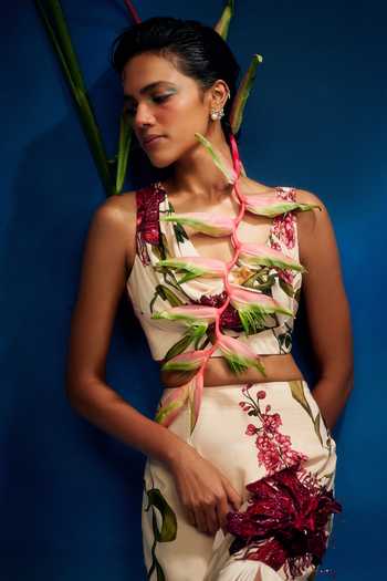 Buy_Shriya Som_Cream Crepe One Shoulder, Cowl Neck Printed Crop Top _at_Aza_Fashions