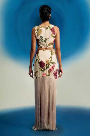 Shop_Shriya Som_Cream Crepe One Shoulder, Cowl Neck Printed Crop Top _at_Aza_Fashions