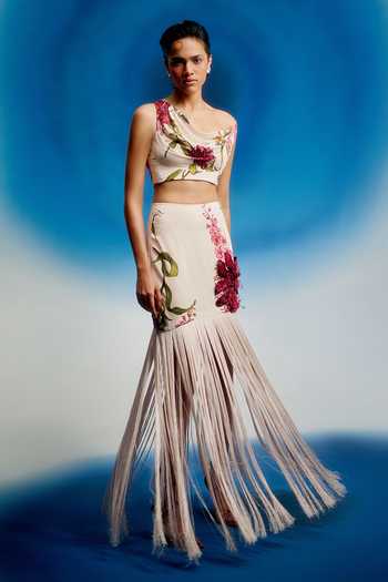 Shop_Shriya Som_Cream Crepe One Shoulder, Cowl Neck Printed Crop Top _Online_at_Aza_Fashions