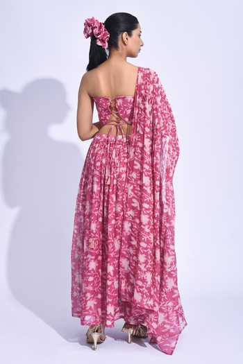 Shop_Jayati Goenka_Pink Chanderi Silk Bandeau Neck Sangria Printed Corset Set _at_Aza_Fashions