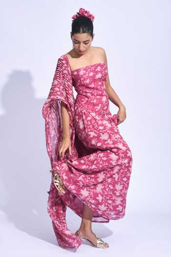 Buy_Jayati Goenka_Pink Chanderi Silk Bandeau Neck Sangria Printed Corset Set _Online_at_Aza_Fashions