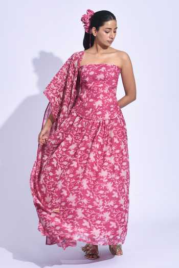 Shop_Jayati Goenka_Pink Chanderi Silk Bandeau Neck Sangria Printed Corset Set _Online_at_Aza_Fashions