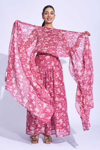 Shop_Jayati Goenka_Pink Chanderi Silk Bandeau Neck Sangria Printed Corset Set 