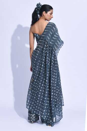 Shop_Jayati Goenka_Grey Chanderi Silk Bandeau Neck Charcoal Printed Corset Set _at_Aza_Fashions
