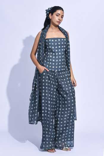 Shop_Jayati Goenka_Grey Chanderi Silk Bandeau Neck Charcoal Printed Corset Set _Online_at_Aza_Fashions