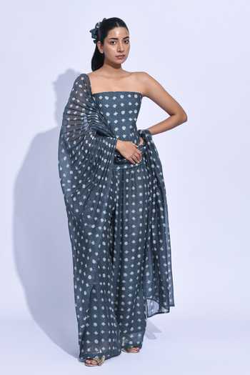 Jayati Goenka_Grey Chanderi Silk Bandeau Neck Charcoal Printed Corset Set _at_Aza_Fashions