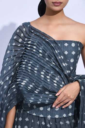 Buy_Jayati Goenka_Grey Chanderi Silk Bandeau Neck Charcoal Printed Corset Set 