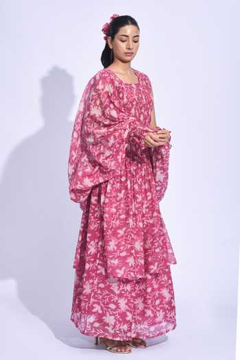 Jayati Goenka_Pink Chanderi Silk Square Neck Sangria Smocked Tunic Set _Online_at_Aza_Fashions
