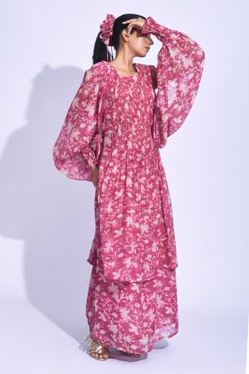 Buy_Jayati Goenka_Pink Chanderi Silk Square Neck Sangria Smocked Tunic Set _Online_at_Aza_Fashions