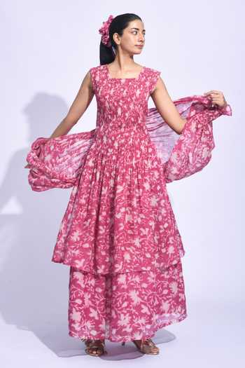 Shop_Jayati Goenka_Pink Chanderi Silk Square Neck Sangria Smocked Tunic Set _Online_at_Aza_Fashions