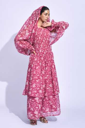Jayati Goenka_Pink Chanderi Silk Square Neck Sangria Smocked Tunic Set _at_Aza_Fashions