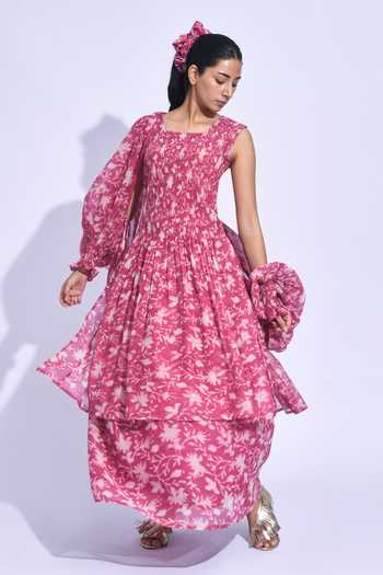 Buy_Jayati Goenka_Pink Chanderi Silk Square Neck Sangria Smocked Tunic Set 