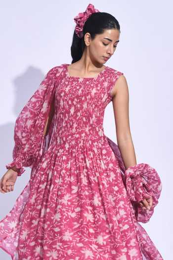 Shop_Jayati Goenka_Pink Chanderi Silk Square Neck Sangria Smocked Tunic Set 
