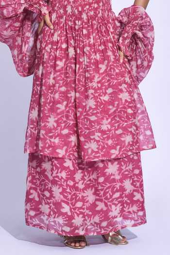 Jayati Goenka_Pink Chanderi Silk Square Neck Sangria Smocked Tunic Set _Online