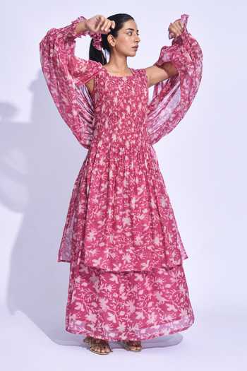 Buy_Jayati Goenka_Pink Chanderi Silk Square Neck Sangria Smocked Tunic Set _Online