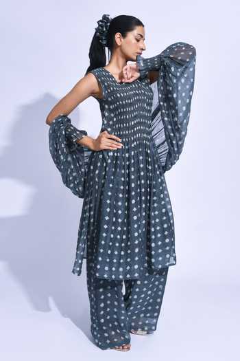 Shop_Jayati Goenka_Grey Chanderi Silk Square Neck, Yes Soot Smocked Tunic Set _Online_at_Aza_Fashions