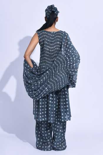 Shop_Jayati Goenka_Grey Chanderi Silk Square Neck, Yes Soot Smocked Tunic Set _at_Aza_Fashions