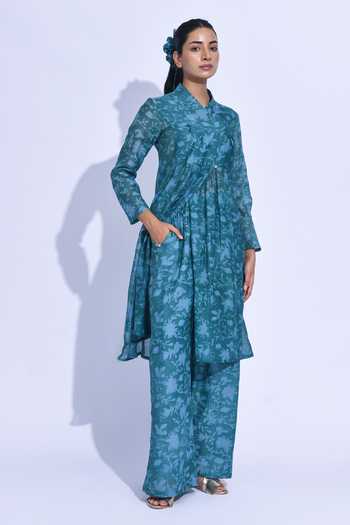 Buy_Jayati Goenka_Blue Chanderi Silk Mandarin Collar, Yes Mori Wrap Kurta Set _at_Aza_Fashions