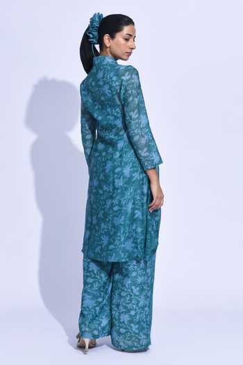 Shop_Jayati Goenka_Blue Chanderi Silk Mandarin Collar, Yes Mori Wrap Kurta Set _at_Aza_Fashions