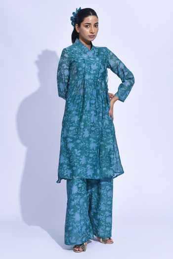 Buy_Jayati Goenka_Blue Chanderi Silk Mandarin Collar, Yes Mori Wrap Kurta Set _Online_at_Aza_Fashions
