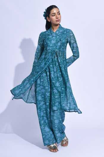 Shop_Jayati Goenka_Blue Chanderi Silk Mandarin Collar, Yes Mori Wrap Kurta Set _Online_at_Aza_Fashions