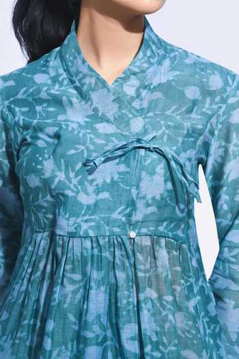 Jayati Goenka_Blue Chanderi Silk Mandarin Collar, Yes Mori Wrap Kurta Set _at_Aza_Fashions