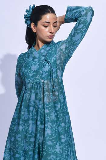 Buy_Jayati Goenka_Blue Chanderi Silk Mandarin Collar, Yes Mori Wrap Kurta Set 