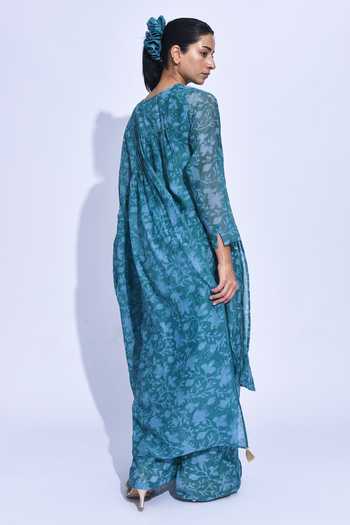 Shop_Jayati Goenka_Blue Chanderi Silk Round Neck, Yes Mori Printed Kurta Set _at_Aza_Fashions
