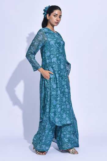 Jayati Goenka_Blue Chanderi Silk Round Neck, Yes Mori Printed Kurta Set _Online_at_Aza_Fashions