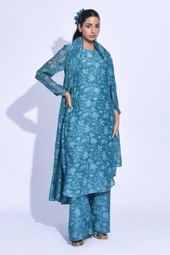 Buy_Jayati Goenka_Blue Chanderi Silk Round Neck, Yes Mori Printed Kurta Set _Online_at_Aza_Fashions