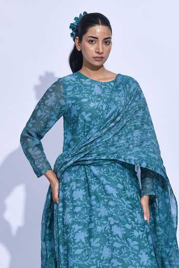 Shop_Jayati Goenka_Blue Chanderi Silk Round Neck, Yes Mori Printed Kurta Set _Online_at_Aza_Fashions