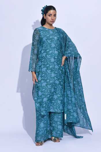 Jayati Goenka_Blue Chanderi Silk Round Neck, Yes Mori Printed Kurta Set _at_Aza_Fashions