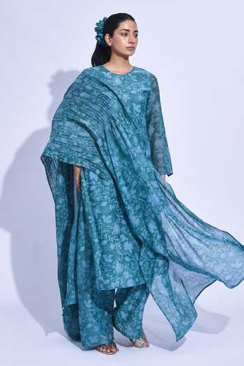 Buy_Jayati Goenka_Blue Chanderi Silk Round Neck, Yes Mori Printed Kurta Set 