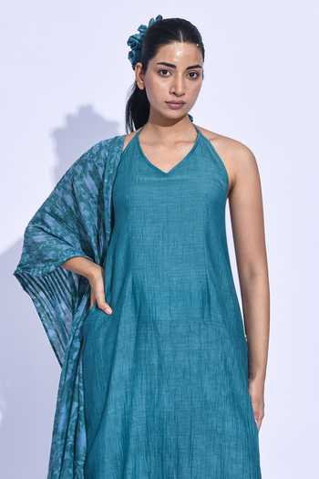 Jayati Goenka_Teal Chanderi Silk Halter Neck, Yes Blue Mori Kurta Set _Online_at_Aza_Fashions