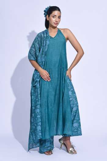 Buy_Jayati Goenka_Teal Chanderi Silk Halter Neck, Yes Blue Mori Kurta Set _Online_at_Aza_Fashions