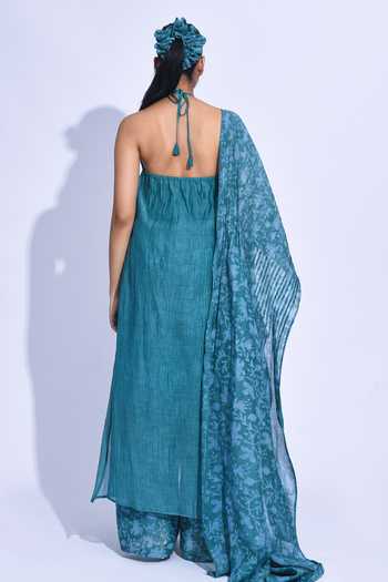 Shop_Jayati Goenka_Teal Chanderi Silk Halter Neck, Yes Blue Mori Kurta Set _at_Aza_Fashions