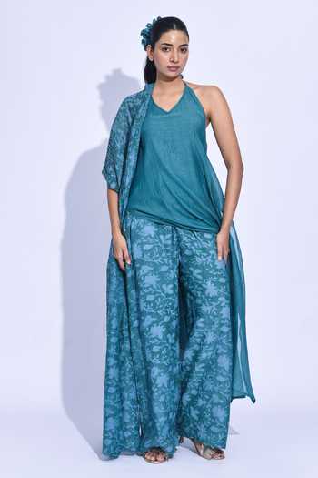 Shop_Jayati Goenka_Teal Chanderi Silk Halter Neck, Yes Blue Mori Kurta Set _Online_at_Aza_Fashions