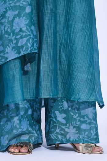 Buy_Jayati Goenka_Teal Chanderi Silk Halter Neck, Yes Blue Mori Kurta Set 