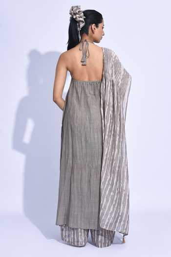 Shop_Jayati Goenka_Grey Chanderi Silk Halter Neck Ash Shima Kurta Pant Set _at_Aza_Fashions