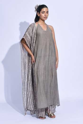 Buy_Jayati Goenka_Grey Chanderi Silk Halter Neck Ash Shima Kurta Pant Set _Online_at_Aza_Fashions
