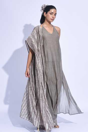 Shop_Jayati Goenka_Grey Chanderi Silk Halter Neck Ash Shima Kurta Pant Set _Online_at_Aza_Fashions