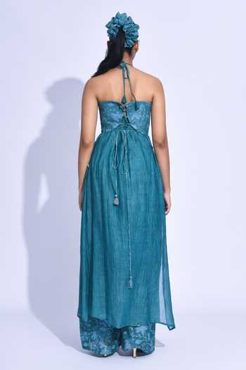 Shop_Jayati Goenka_Blue Chanderi Silk Sweetheart , Halter Hana Kurta Set _at_Aza_Fashions