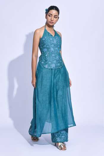 Jayati Goenka_Blue Chanderi Silk Sweetheart , Halter Hana Kurta Set _Online_at_Aza_Fashions