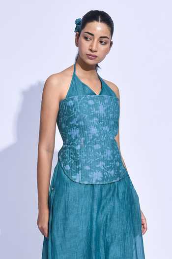 Buy_Jayati Goenka_Blue Chanderi Silk Sweetheart , Halter Hana Kurta Set _Online_at_Aza_Fashions