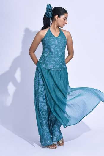 Jayati Goenka_Blue Chanderi Silk Sweetheart , Halter Hana Kurta Set _at_Aza_Fashions