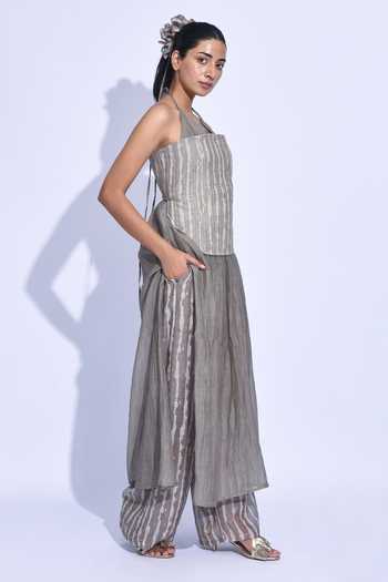 Buy_Jayati Goenka_Grey Chanderi Silk Zari Halter Neck Ash Shima Kurta Set _Online_at_Aza_Fashions