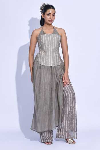 Buy_Jayati Goenka_Grey Chanderi Silk Zari Halter Neck Ash Shima Kurta Set _at_Aza_Fashions