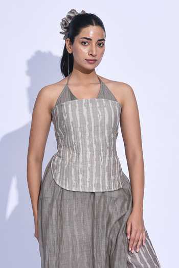 Shop_Jayati Goenka_Grey Chanderi Silk Zari Halter Neck Ash Shima Kurta Set _Online_at_Aza_Fashions